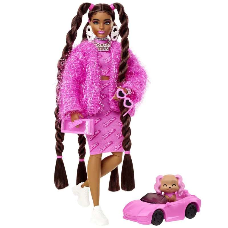 Poze Papusa Barbie Extra cu Rochie Roz si Codite Impletite