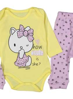 Body, pantalon si caciulita, Bumbac 100%, pentru bebelusi, Hello Kitty, galben-mov