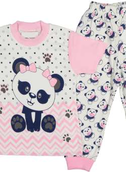 Pijama Ursulet Panda cu fundita pentru fete, roz
